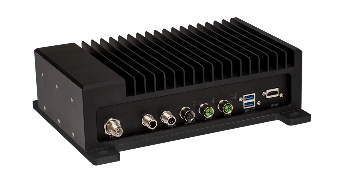 Black fanless rugged embedded computer with large cooling fins and front connectors including power, RS232, CAN, LAN