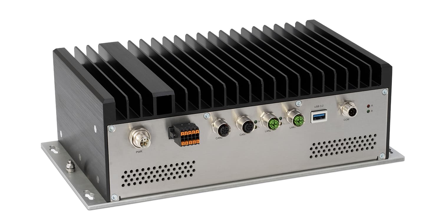 Embedded System by Syslogic for Railway/Transporation use. Black cooling fins, 3/4 view