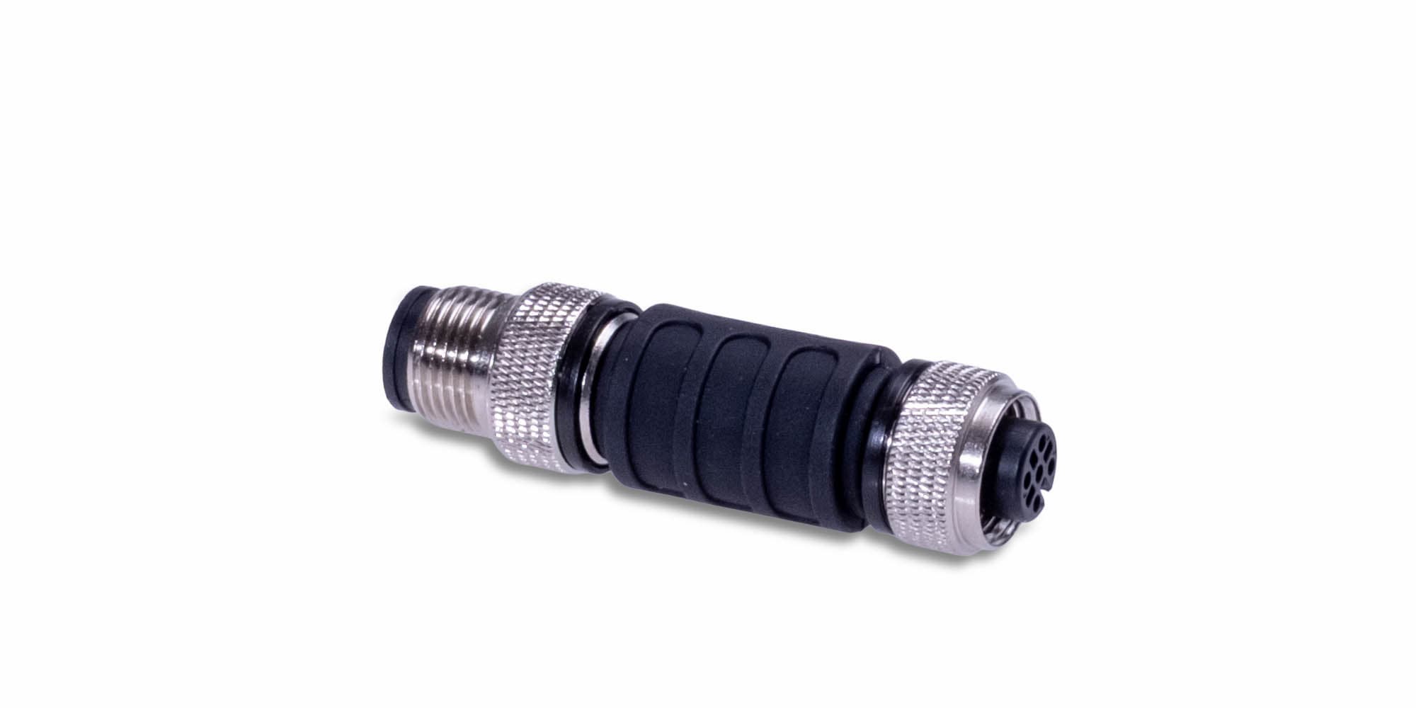 M12 CAN bus termination resistor with male and female connectors, black housing, and metal screw-locking rings on a whit