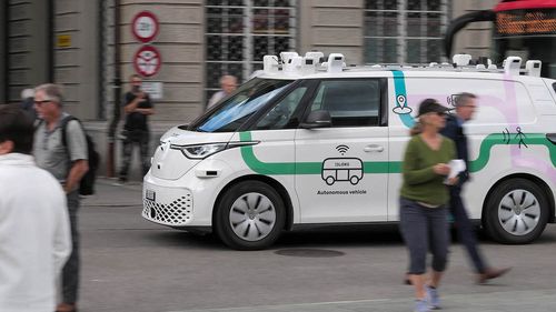 Autonomous vehicle equipped with cameras and sensors for AI-powered navigation and on-board computing.
