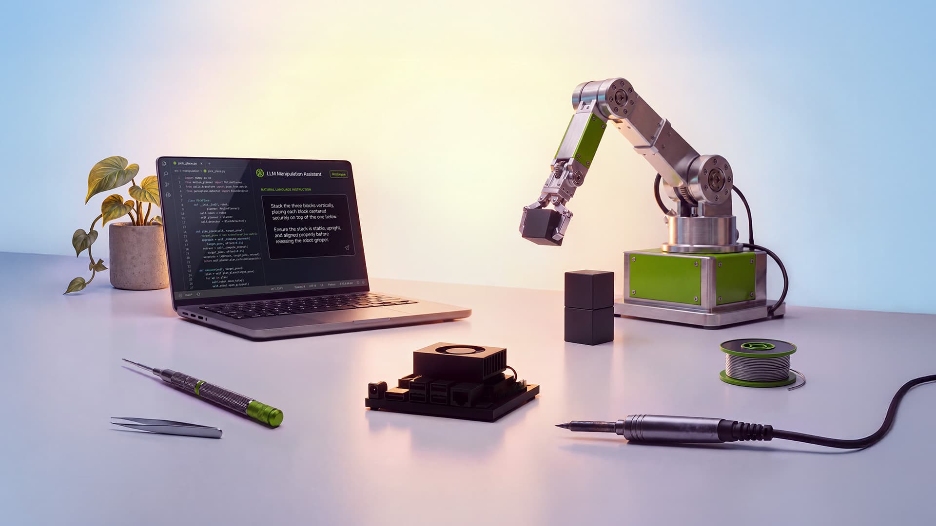 NVIDIA Jetson Orin Nano 2 edge AI module powering a robotic arm with LLM-based control.