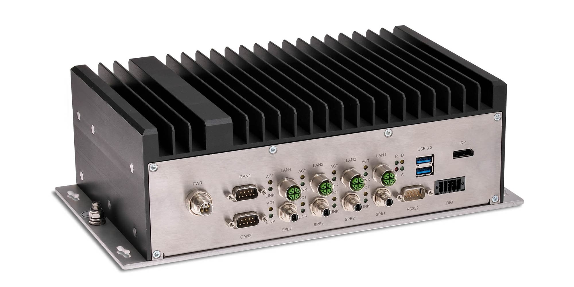 Fanless embedded railway computer with passive cooling, dual CAN, four SPE and USB interfaces.