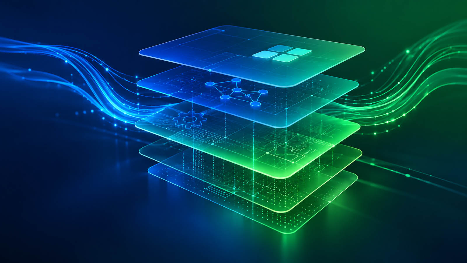 Abstract visualization of layered software architecture with interconnected digital elements, representing Yocto Linux f