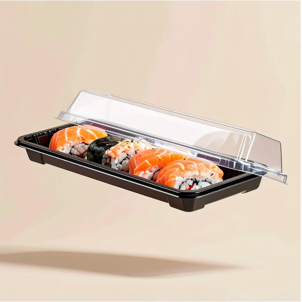 A plastic container filled with fresh sushi