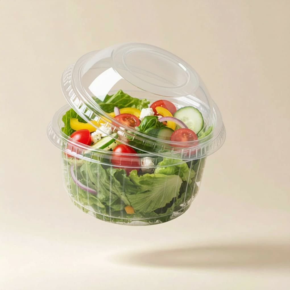 Fresh salad in a clear plastic dome-lidded container
