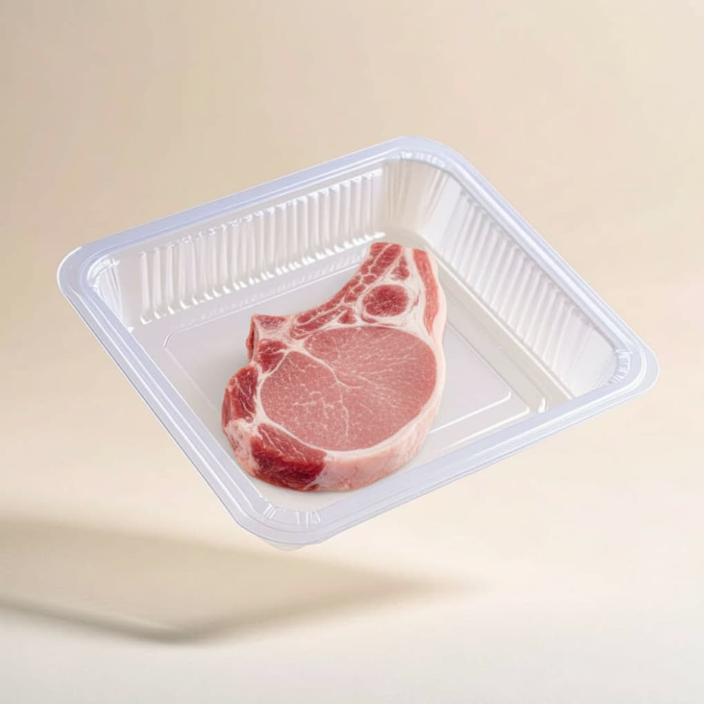 Raw chop on a leak-proof plastic tray
