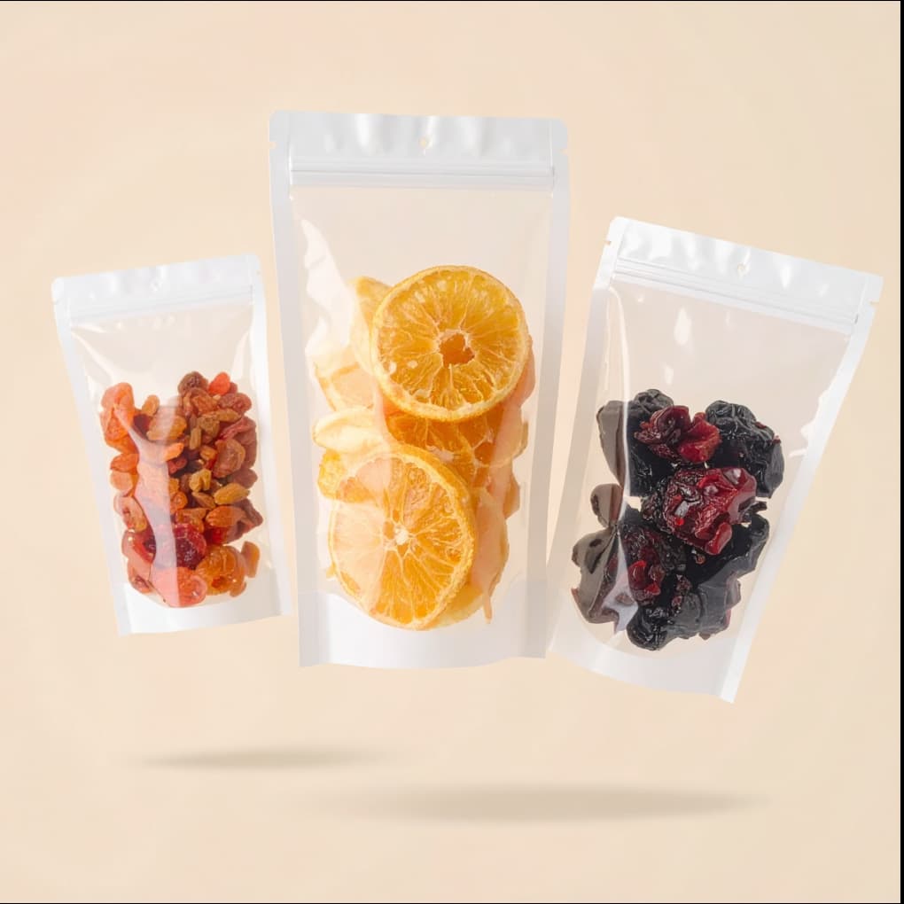 dried fruits in resealable plastic pouches