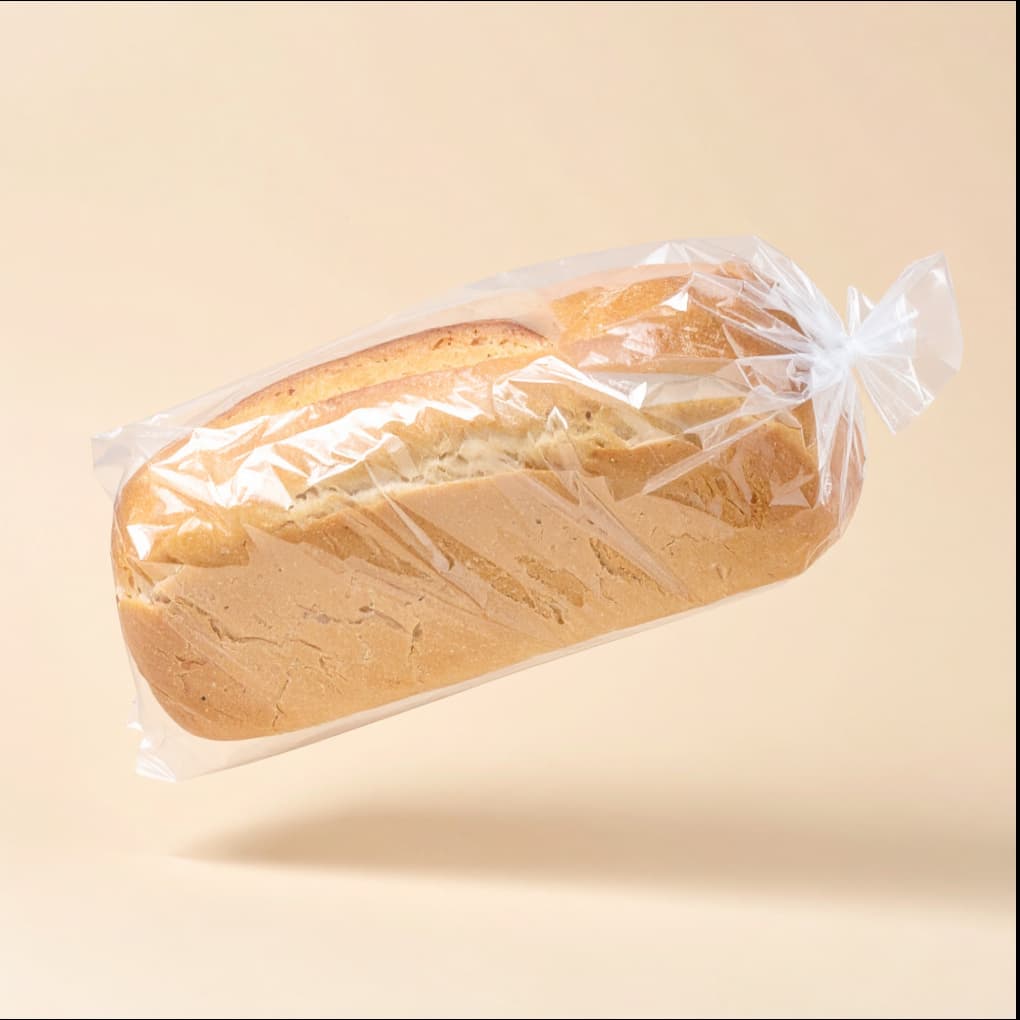 Loaf of bread in a clear plastic bag