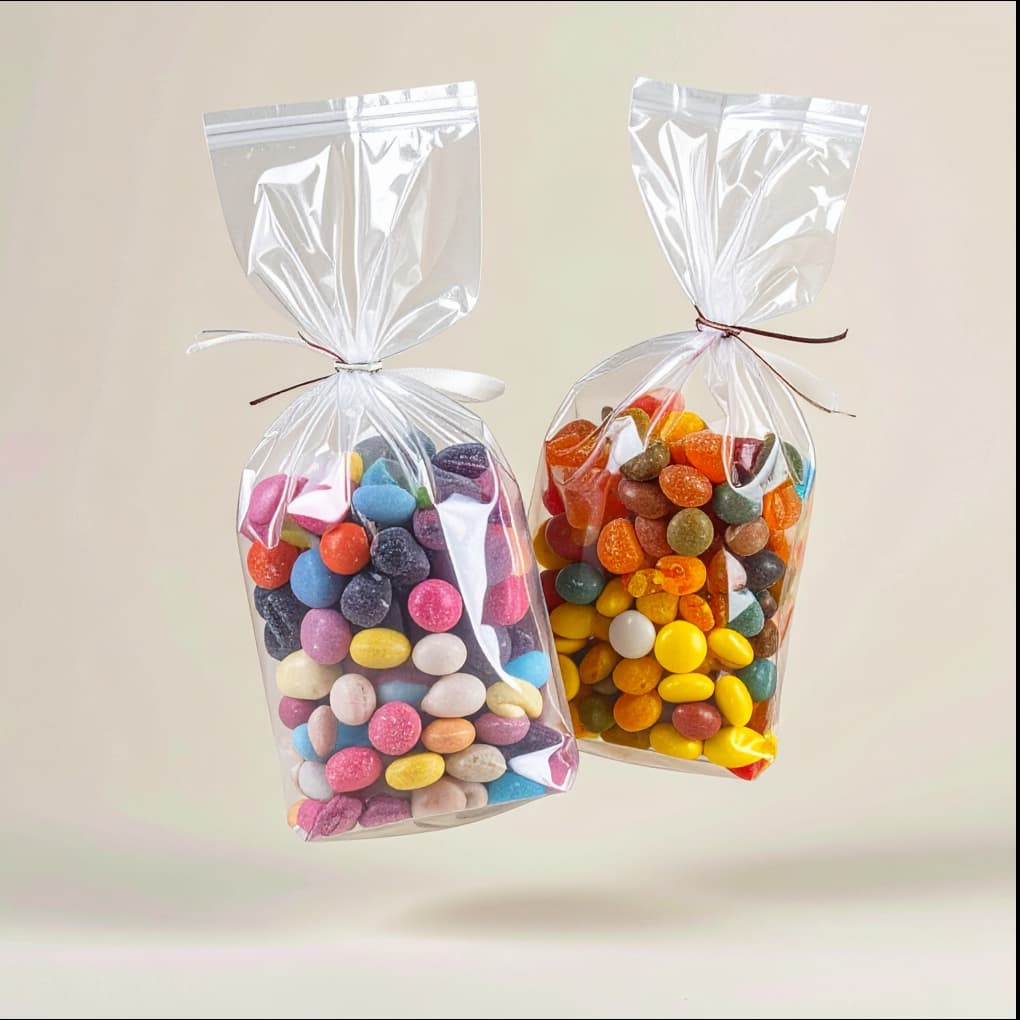 Colourful sweets in clear plastic bags