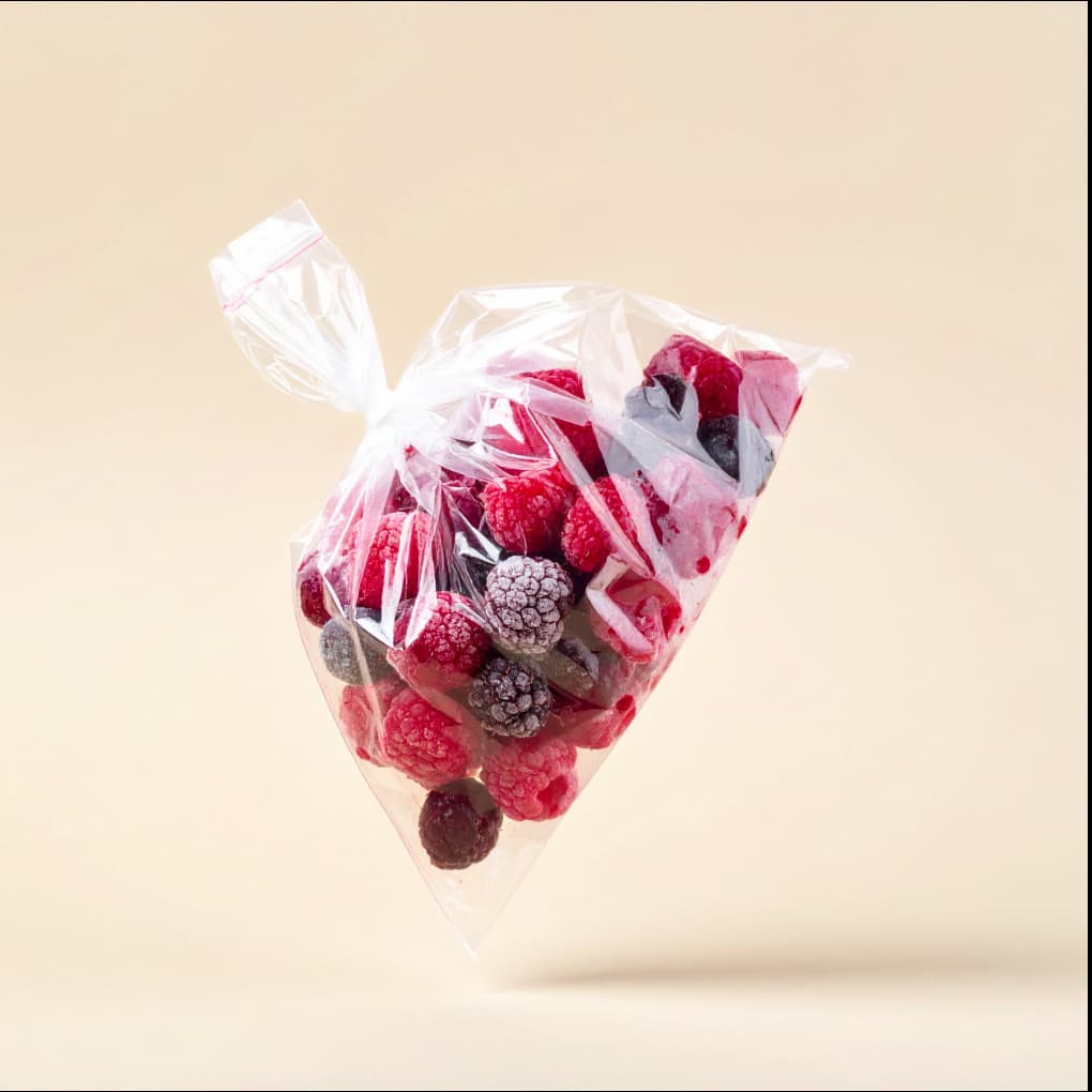 Vibrant, fresh berries in a clear plastic bag
