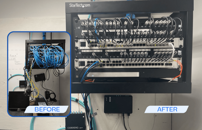Before and after photos of a messy network rack