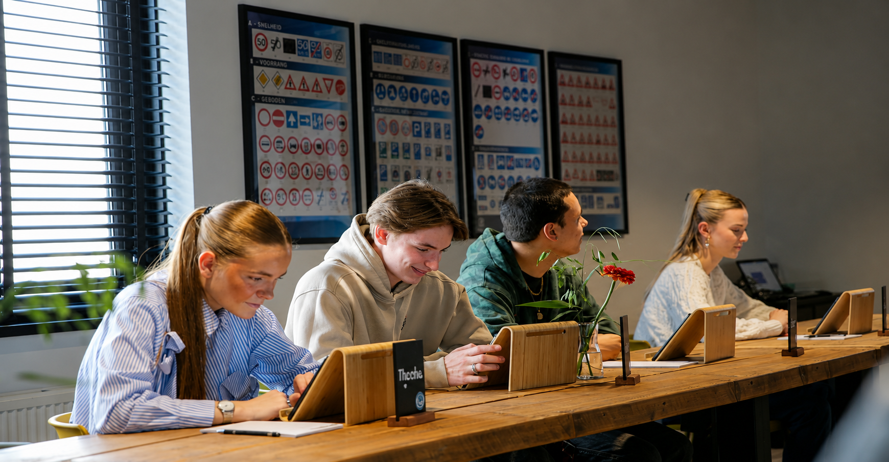 Leerlingen in hip leslokaal leren hun theorie