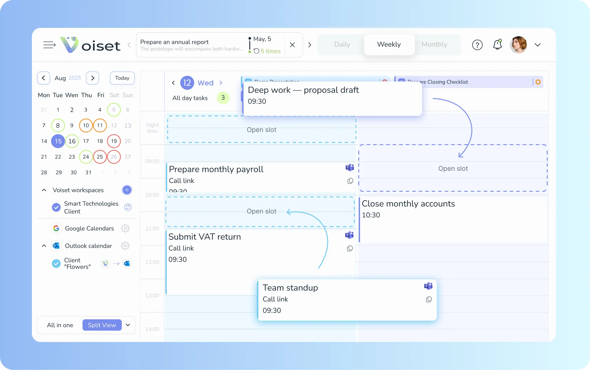 Voiset weekly plan with calendar integrations