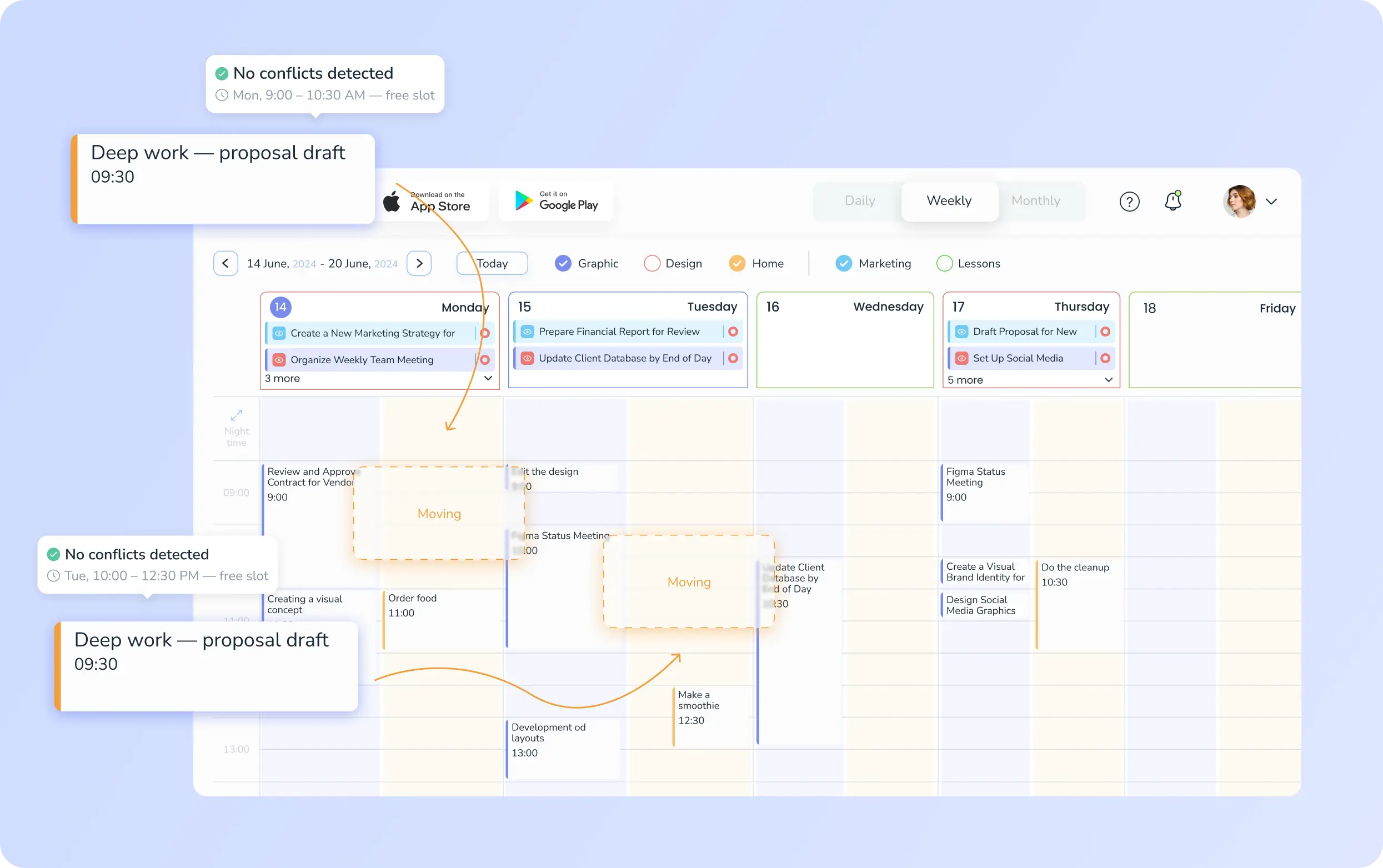 Voiset smart calendar moving a task into a free slot with no conflicts detected
