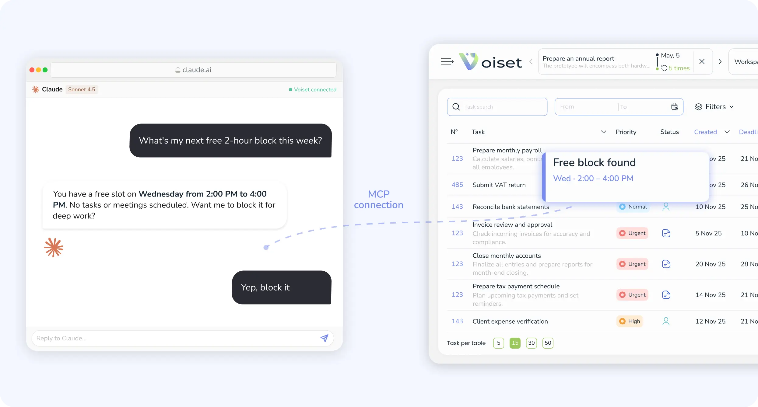 Planning a day in Claude through Voiset MCP, finding a free two-hour block