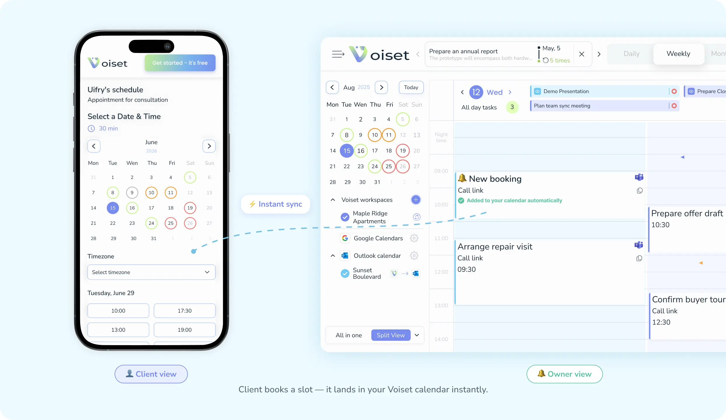 A client books a slot on a Voiset booking page and it syncs instantly to the owner calendar