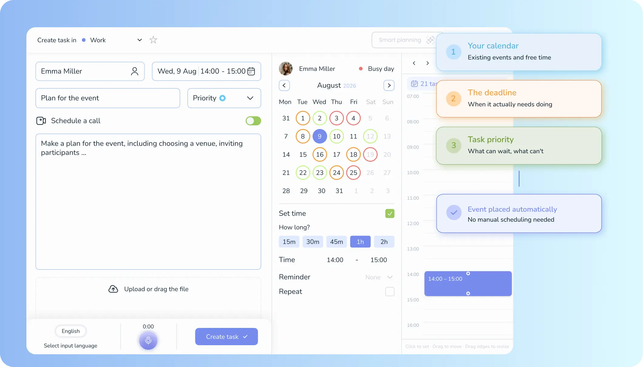 A Voiset week showing tasks added by voice, planned by AI, and booked by clients in one calendar