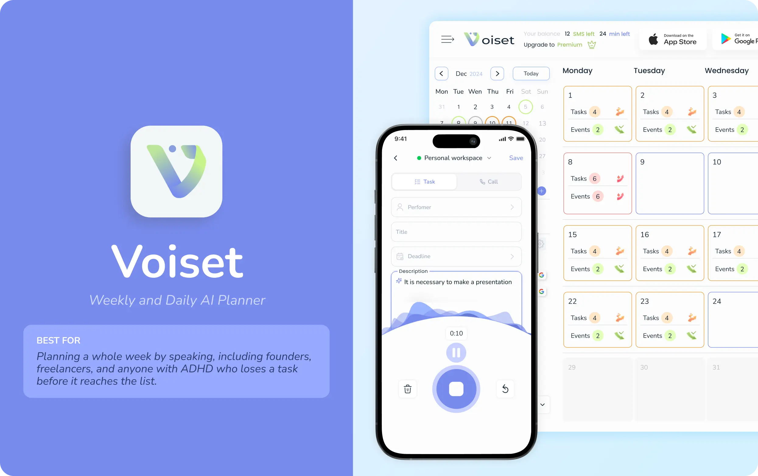 Voiset voice-first weekly planner turning a spoken task into an auto-scheduled item