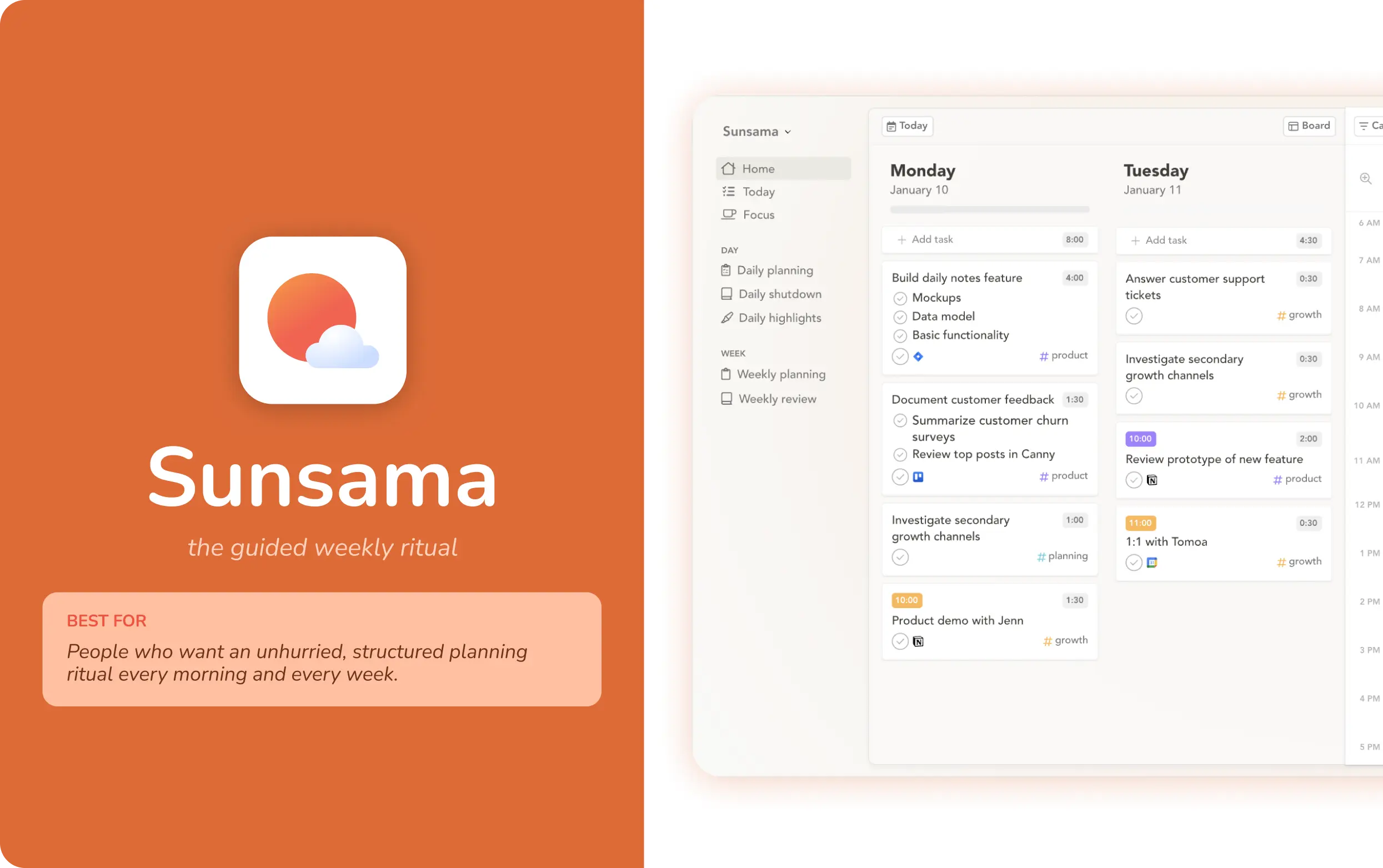 Sunsama weekly planner with its guided daily planning ritual