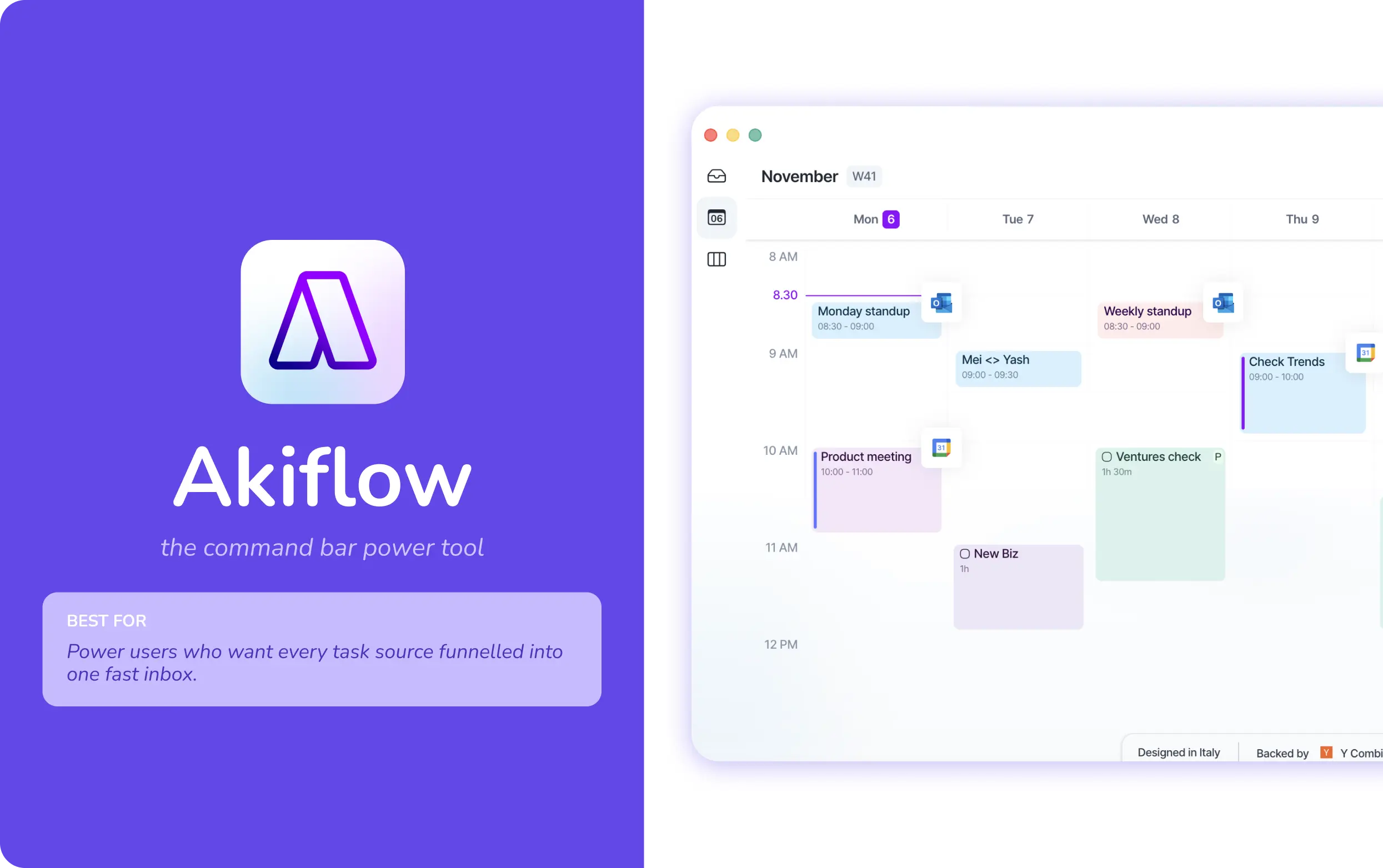 Akiflow command bar tool time-blocking tasks onto a weekly calendar