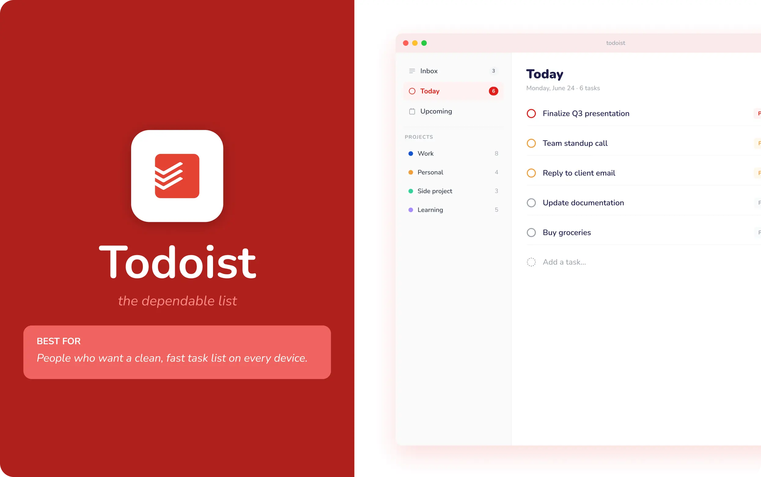 Todoist task list showing today's tasks across projects