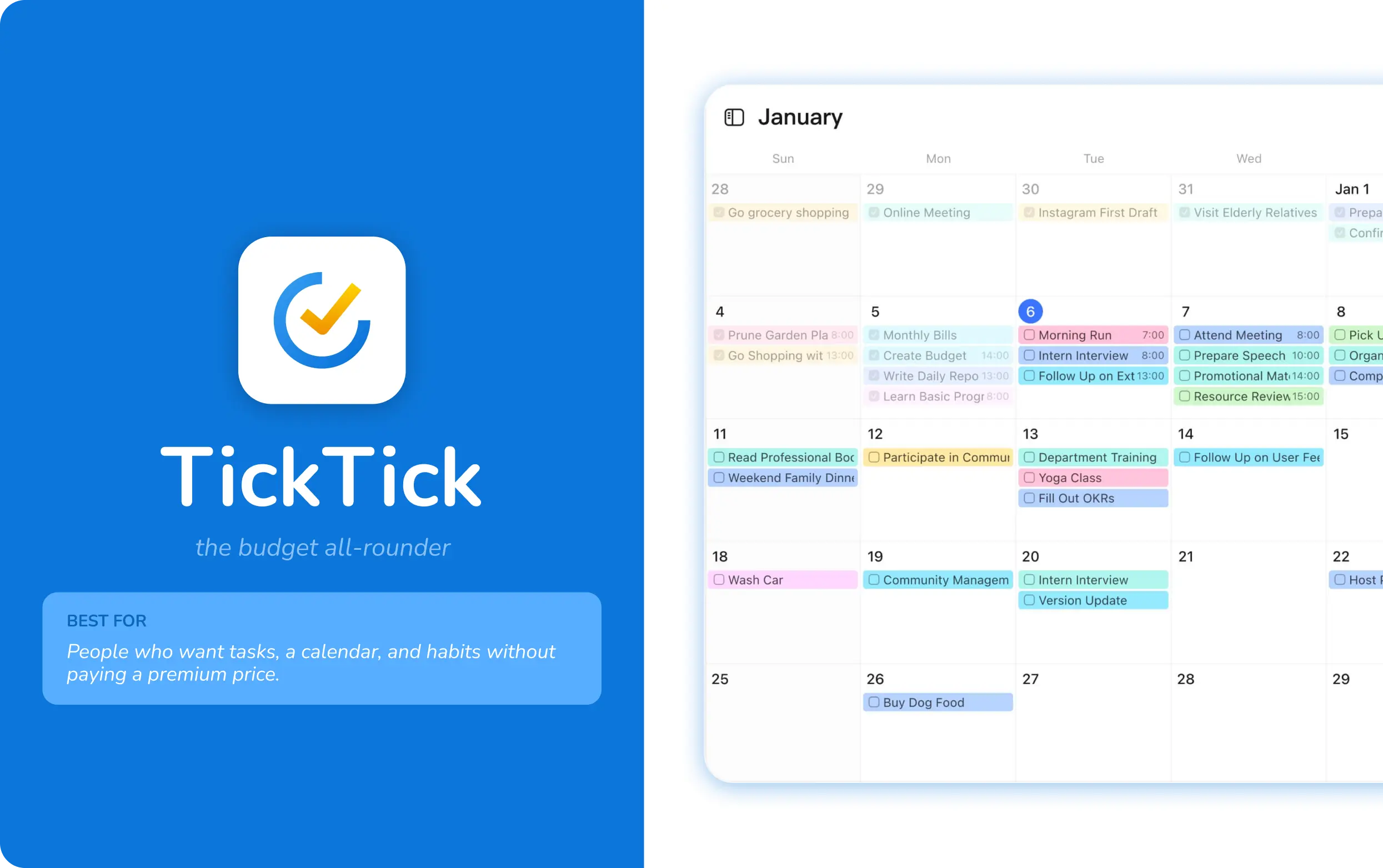 TickTick monthly calendar combining tasks, events and habits