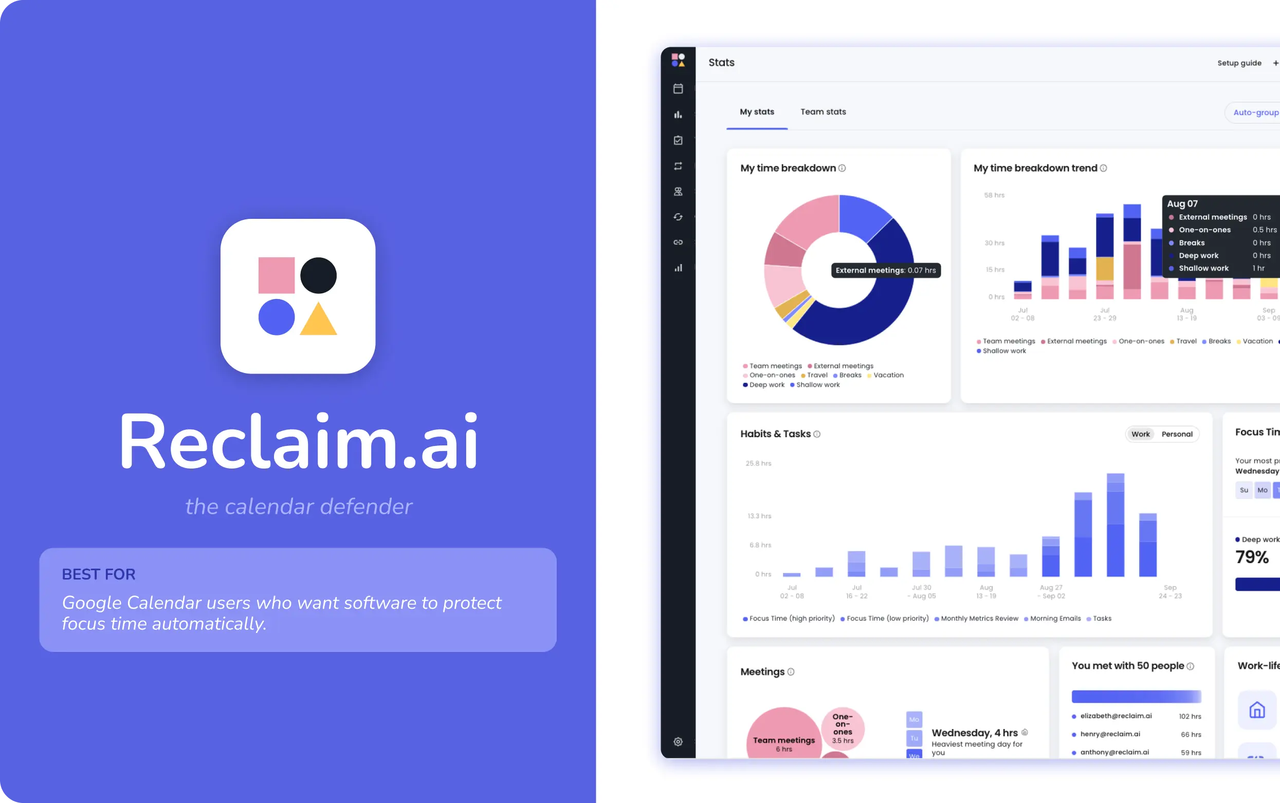 Reclaim.ai defending focus time inside a calendar with time-tracking stats
