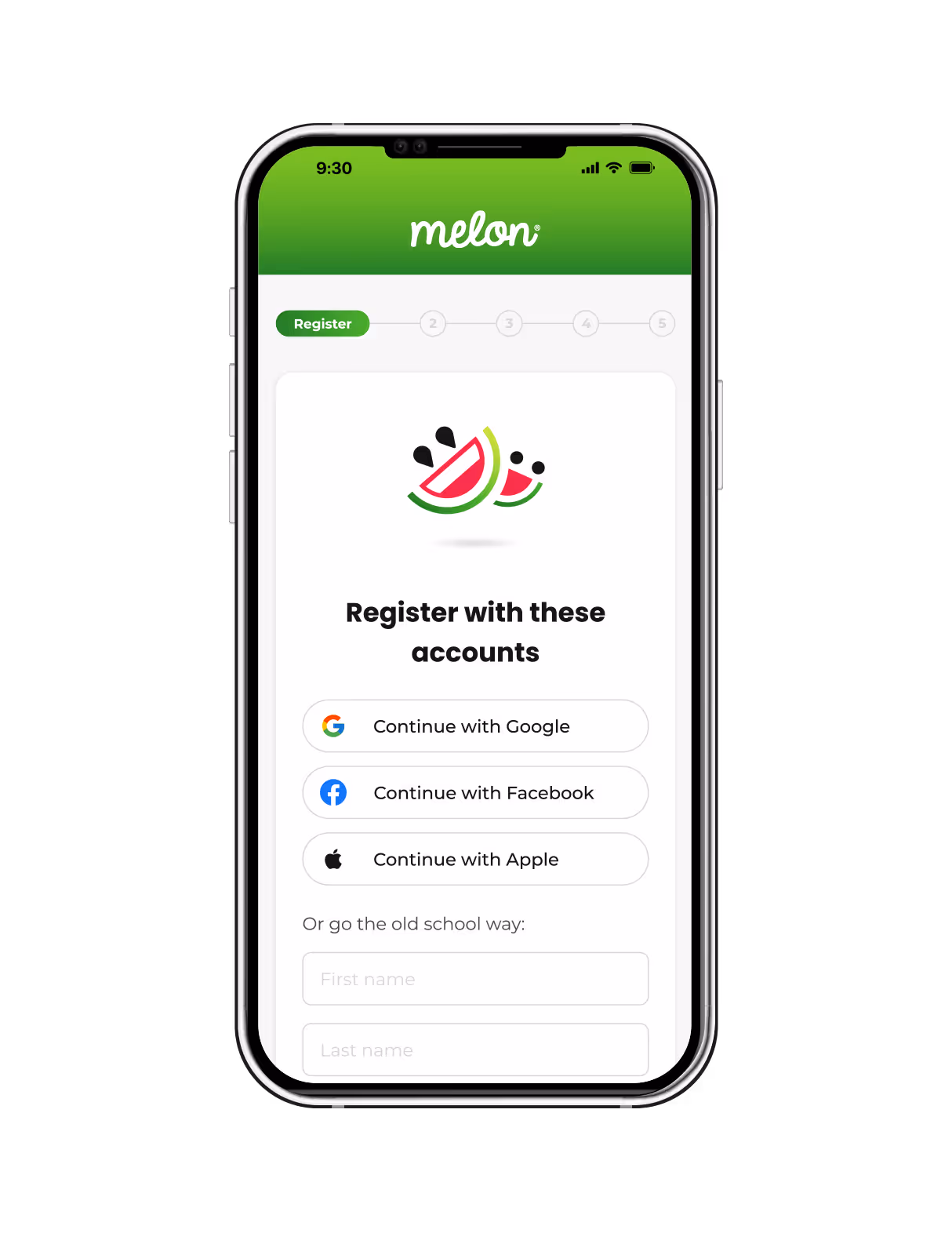 First page of Melon Mobile register screen