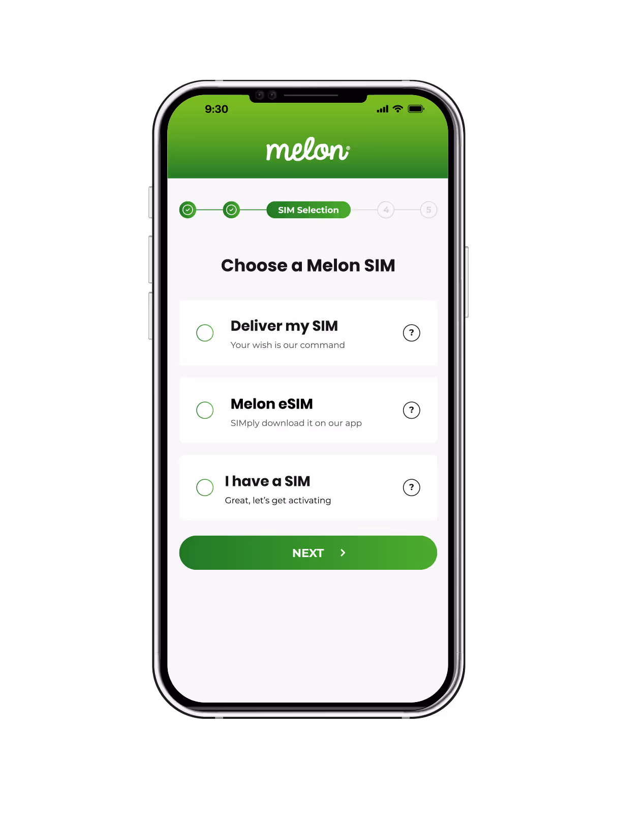Melon Mobile free trial page to choose your sim