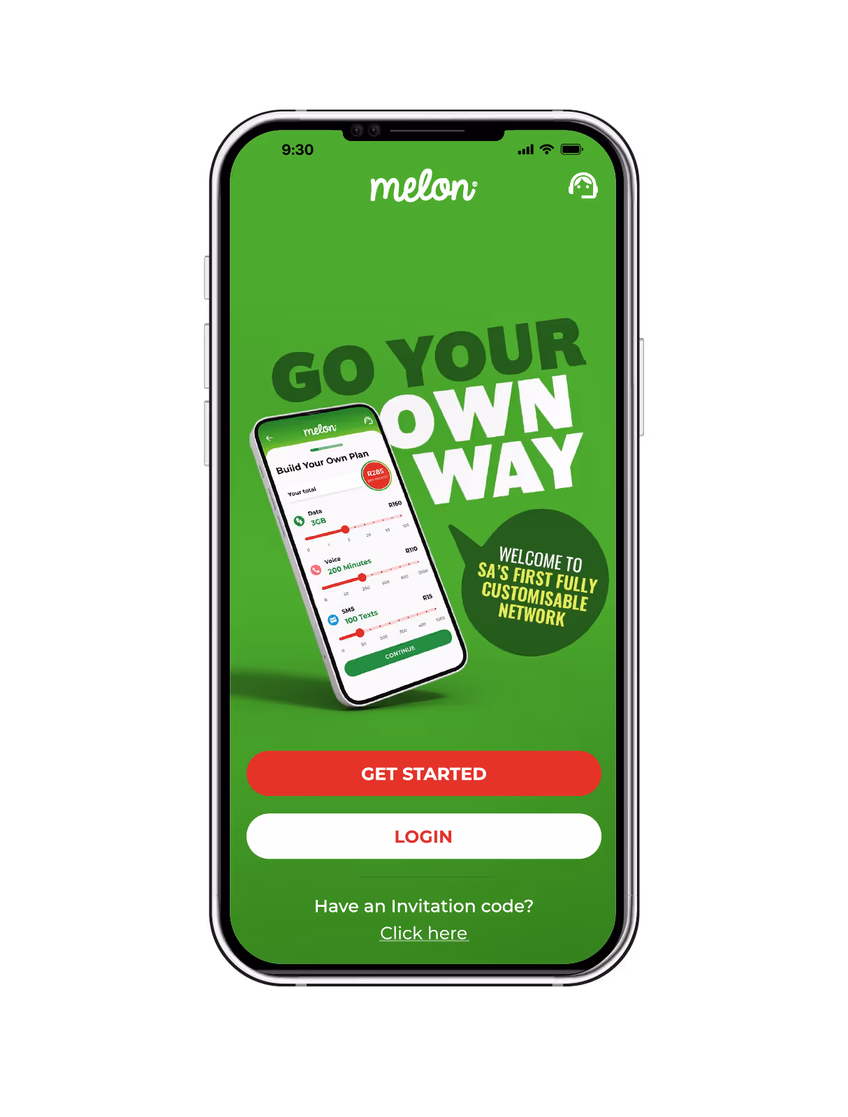 Melon Mobile app home screen to login or register
