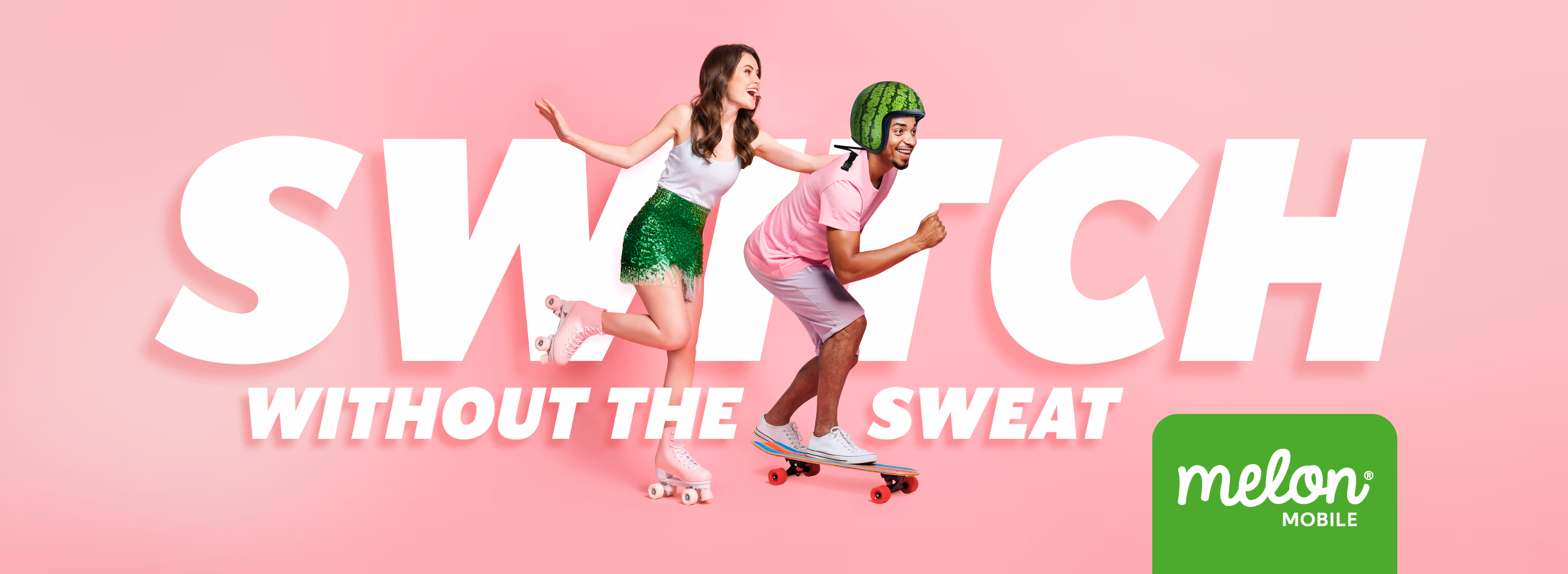 Man wearing melon helmet skating and woman roller blading 