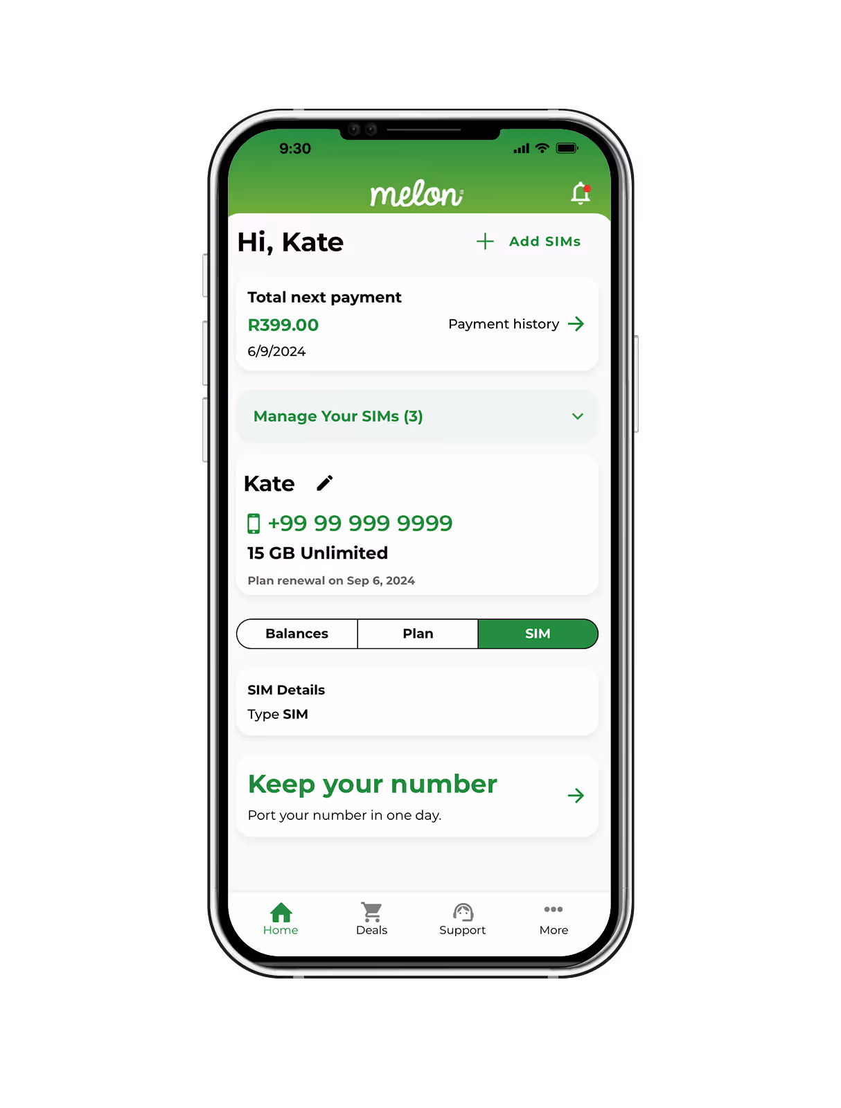 Melon Mobile step 1 to porting Select “Keep my number” on the Melon home screen under the “SIM” tab.