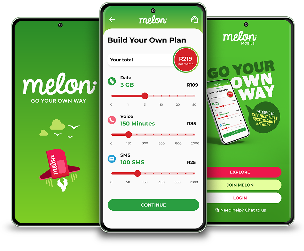 Three smartphones showing Melon Mobile app screens with green backgrounds, including a customizable mobile plan with data, voice minutes, and SMS options.