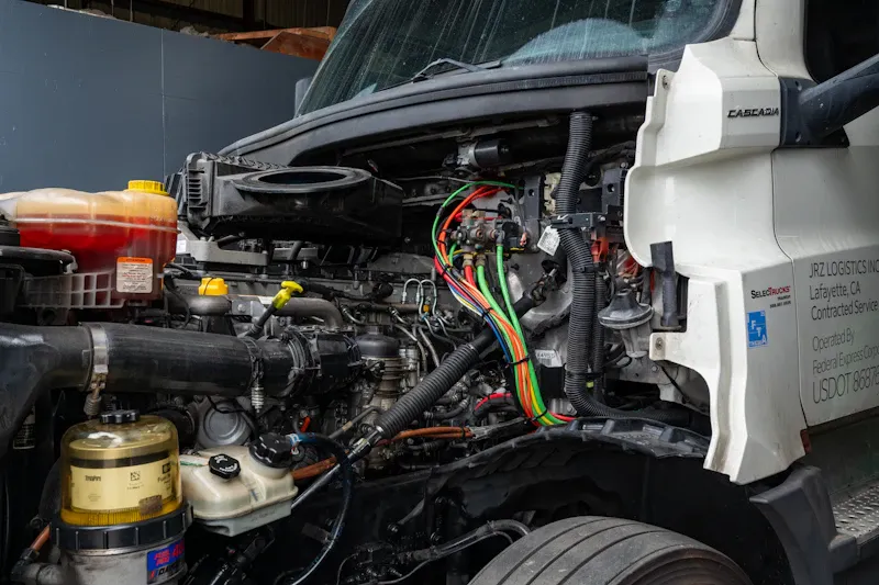 Wires routed through a heavy-duty truck engine bay with colorful electrical lines, hoses, filters, and visible Cascadia text.