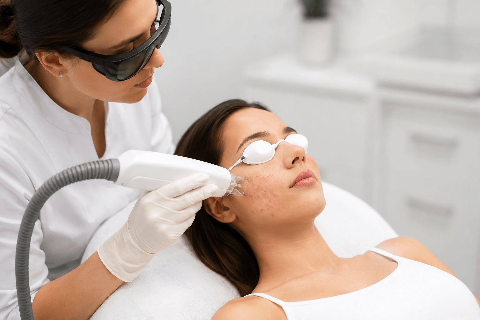 Patient receiving professional laser acne treatment at an aesthetic clinic in Rockwall, Texas to help improve active acne and support clearer skin.