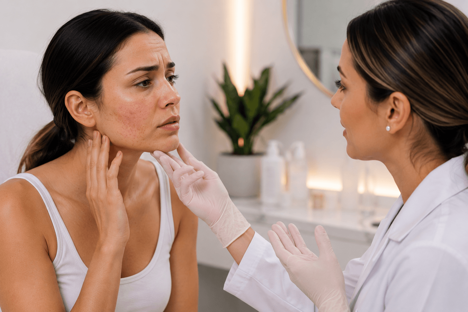 Provider examining a client's skin during a consultation at an aesthetic clinic in Rockwall, TX