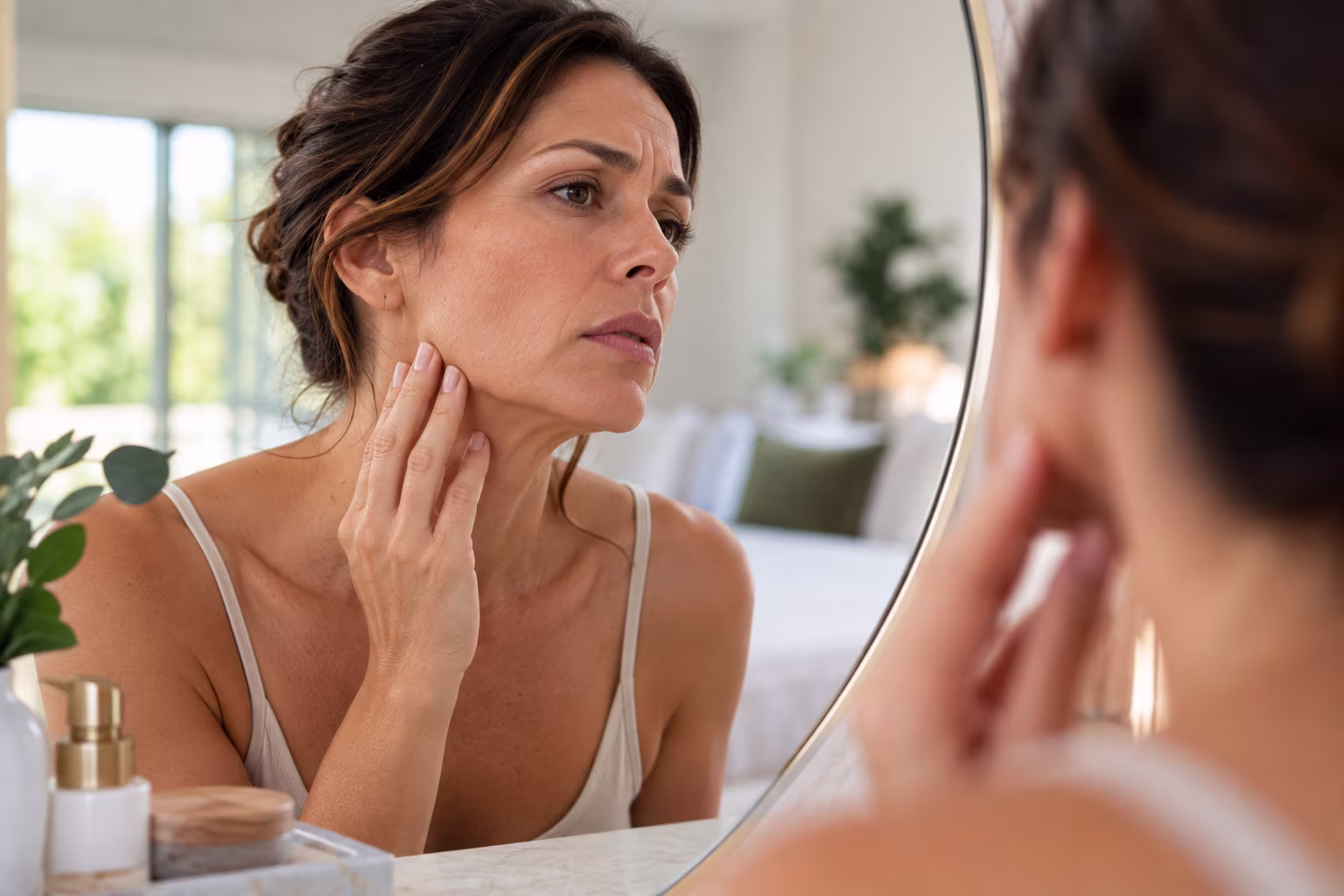 Woman examining sagging skin and jawline laxity in a mirror before non-surgical treatment in Rockwall, Texas