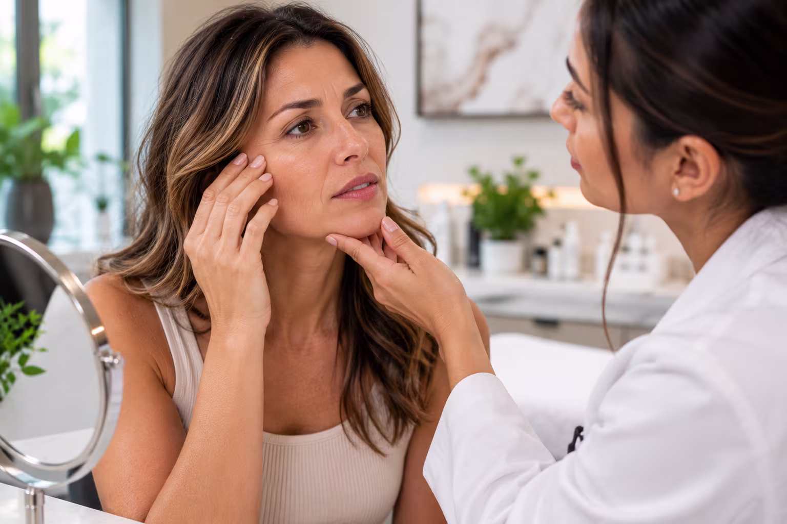 Woman receiving a wrinkle treatment consultation at a med spa in Rockwall, Texas