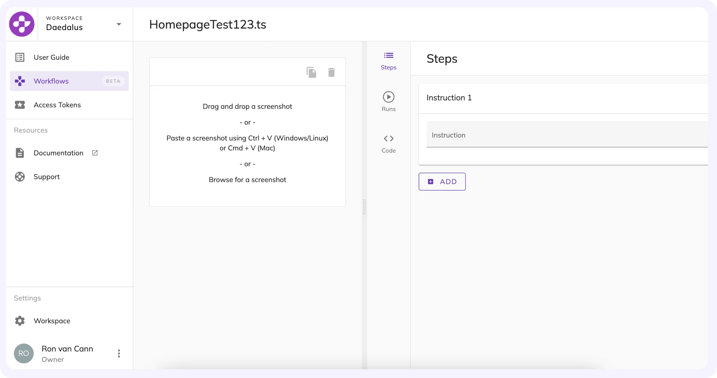 Screenshot of the AskUI Studio app with the workflow panel open
