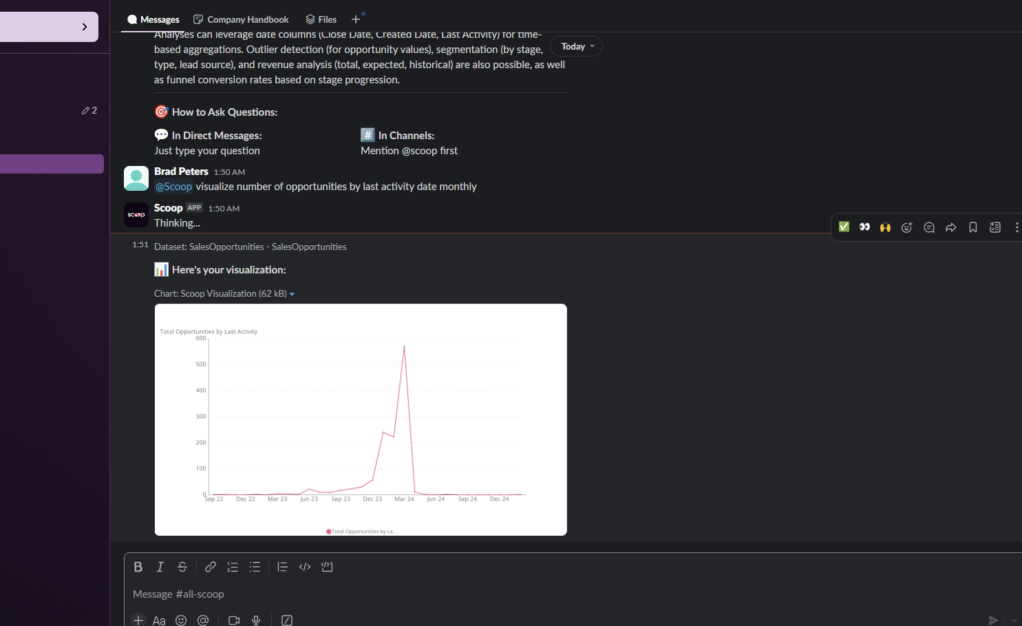 Slack interface showing question flow and analysis tiles