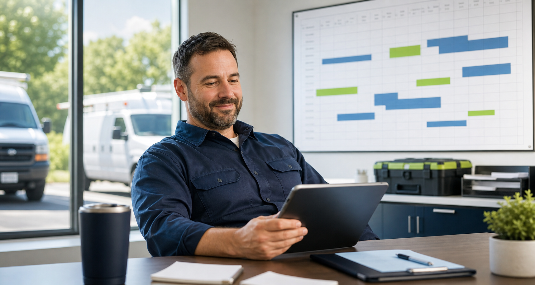 Relaxed plumbing company owner reviewing a profitable project schedule