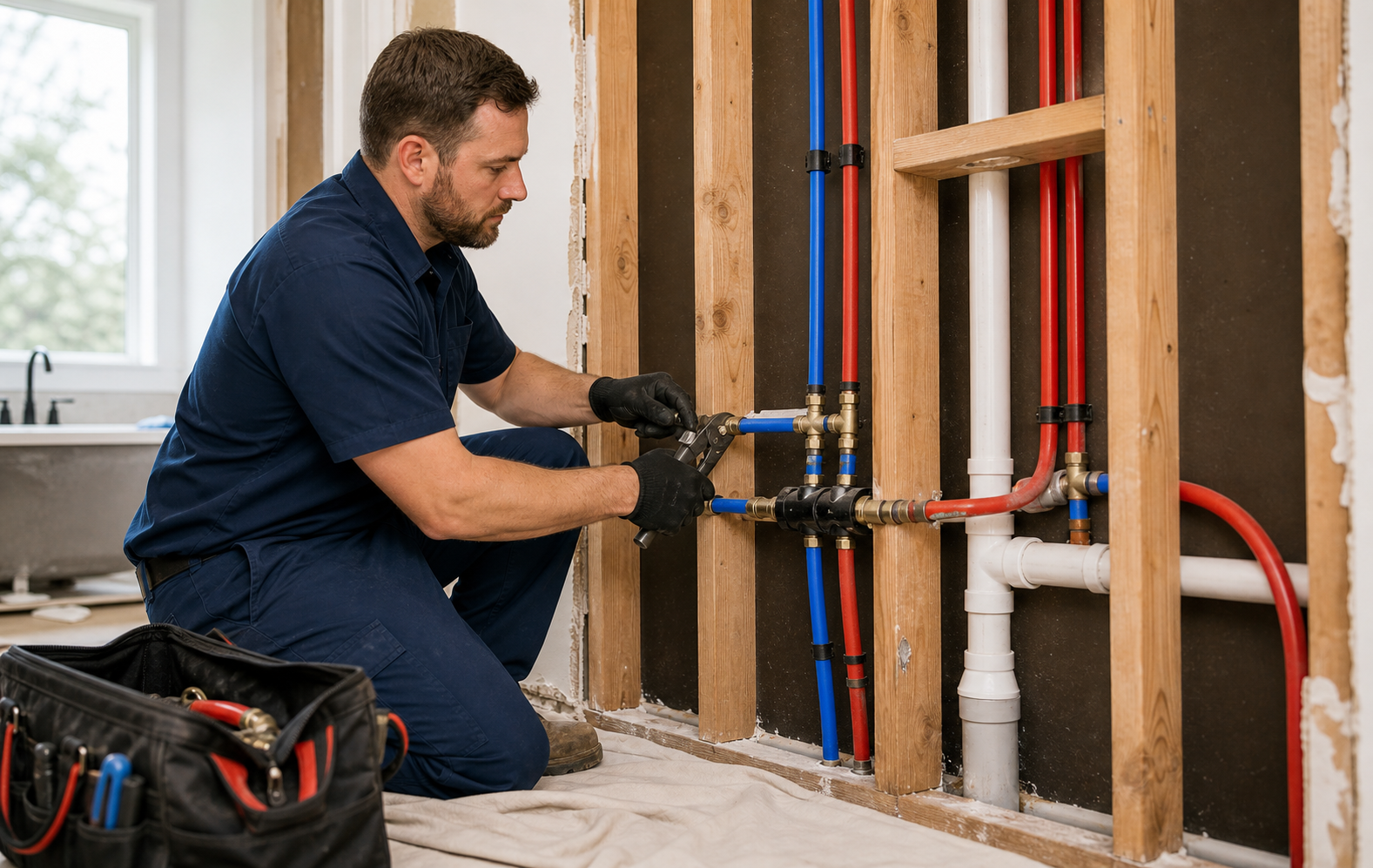 Professional plumber installing red and blue PEX lines during a whole-home repipe job