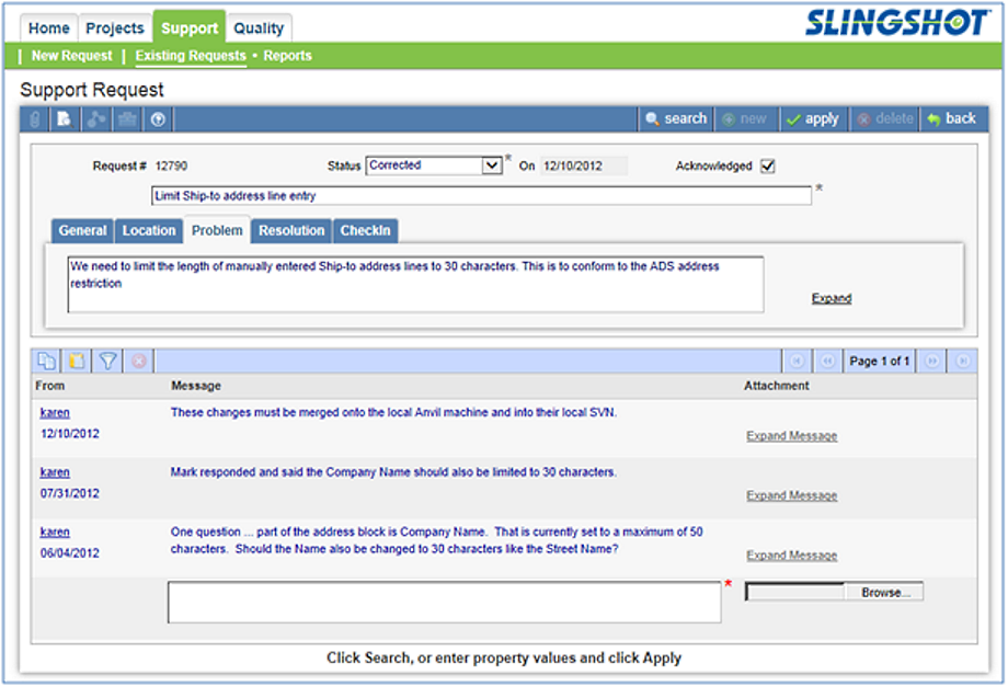 An example of the Slingshot Support Request form