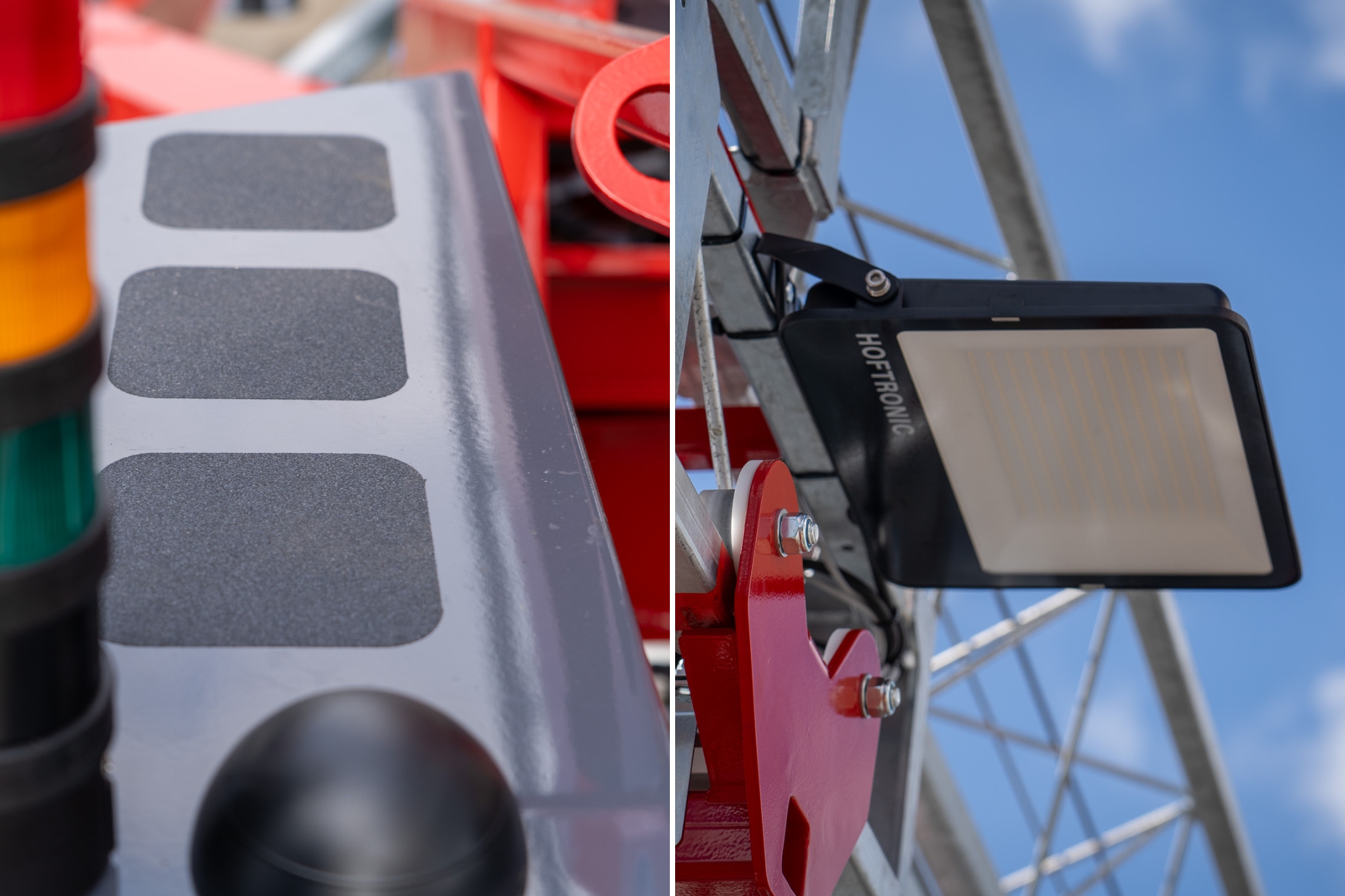 Grip pads bovenop de elektrakast en LED verlichting in de giek van de Giraffe 350.15-M aanhangerkraan