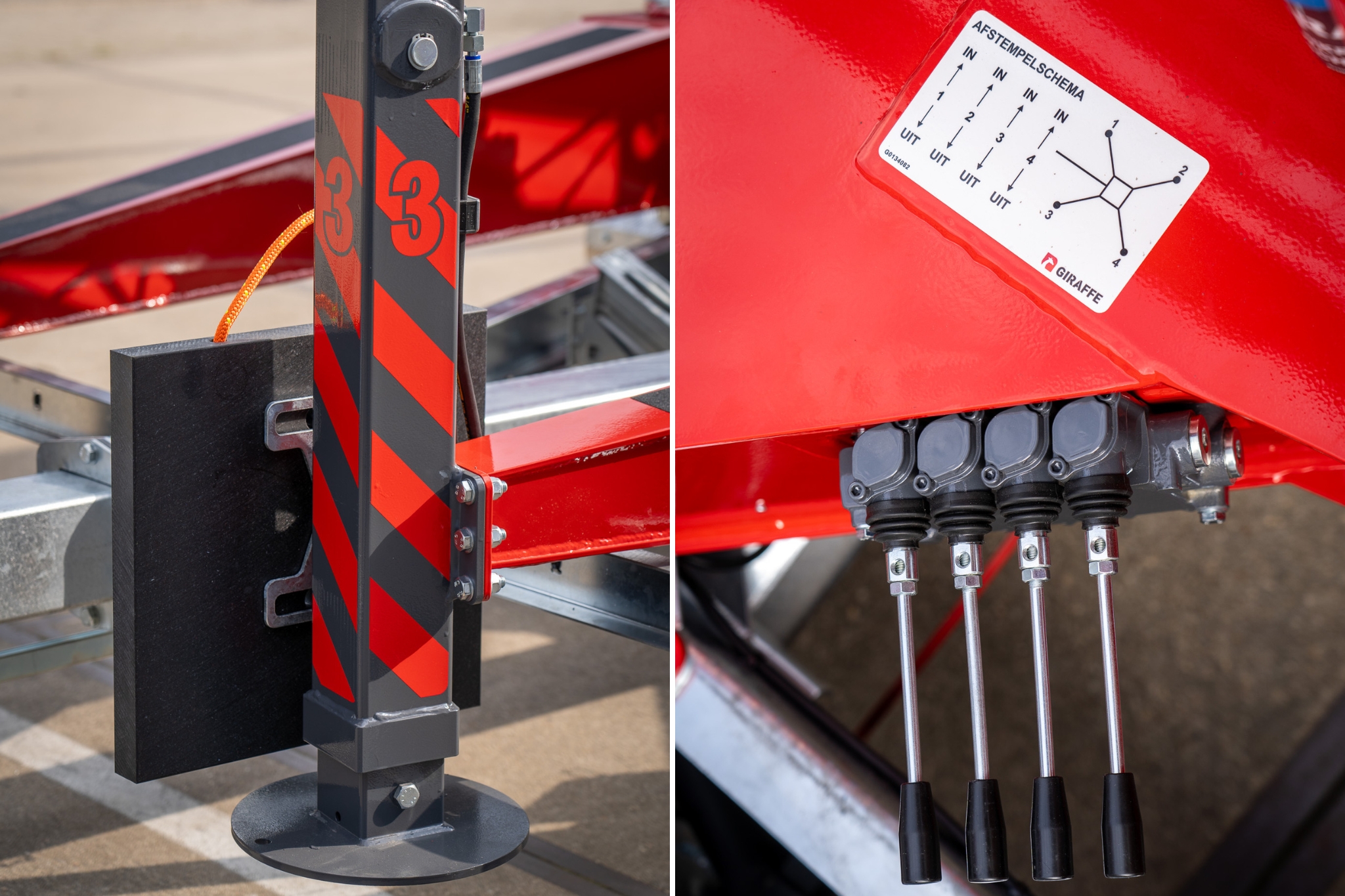 Stempelpoot met stempelplaten ophangbeugels en centrale bediening van de Giraffe 350.15-M aanhangerkraan