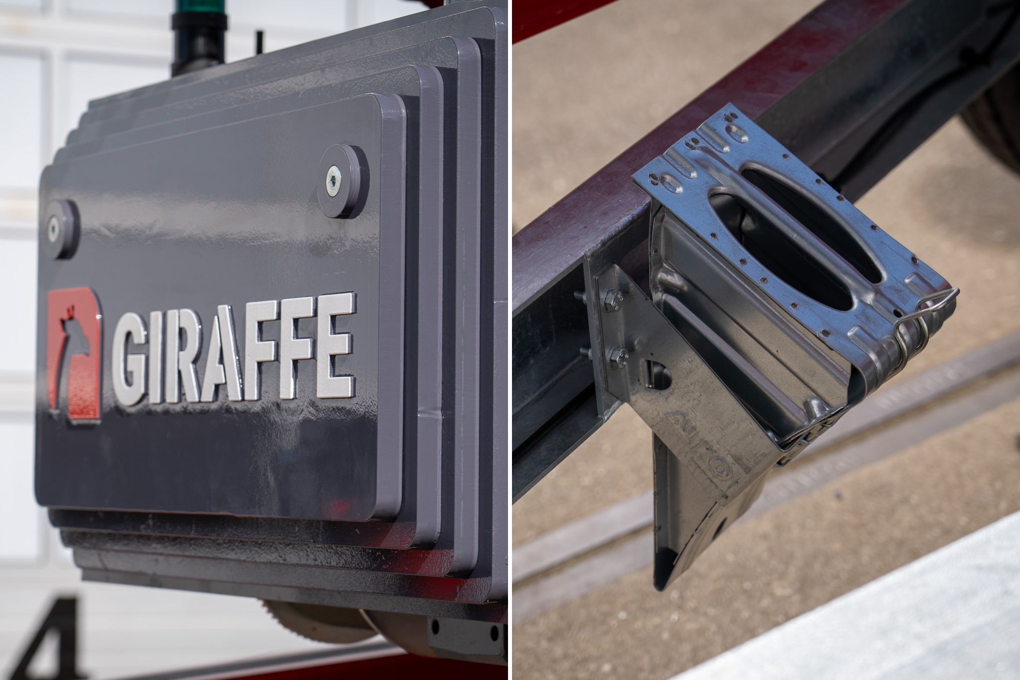 Ballastblokken en rolbeveiliging van de Giraffe 350.15-M aanhangerkraan