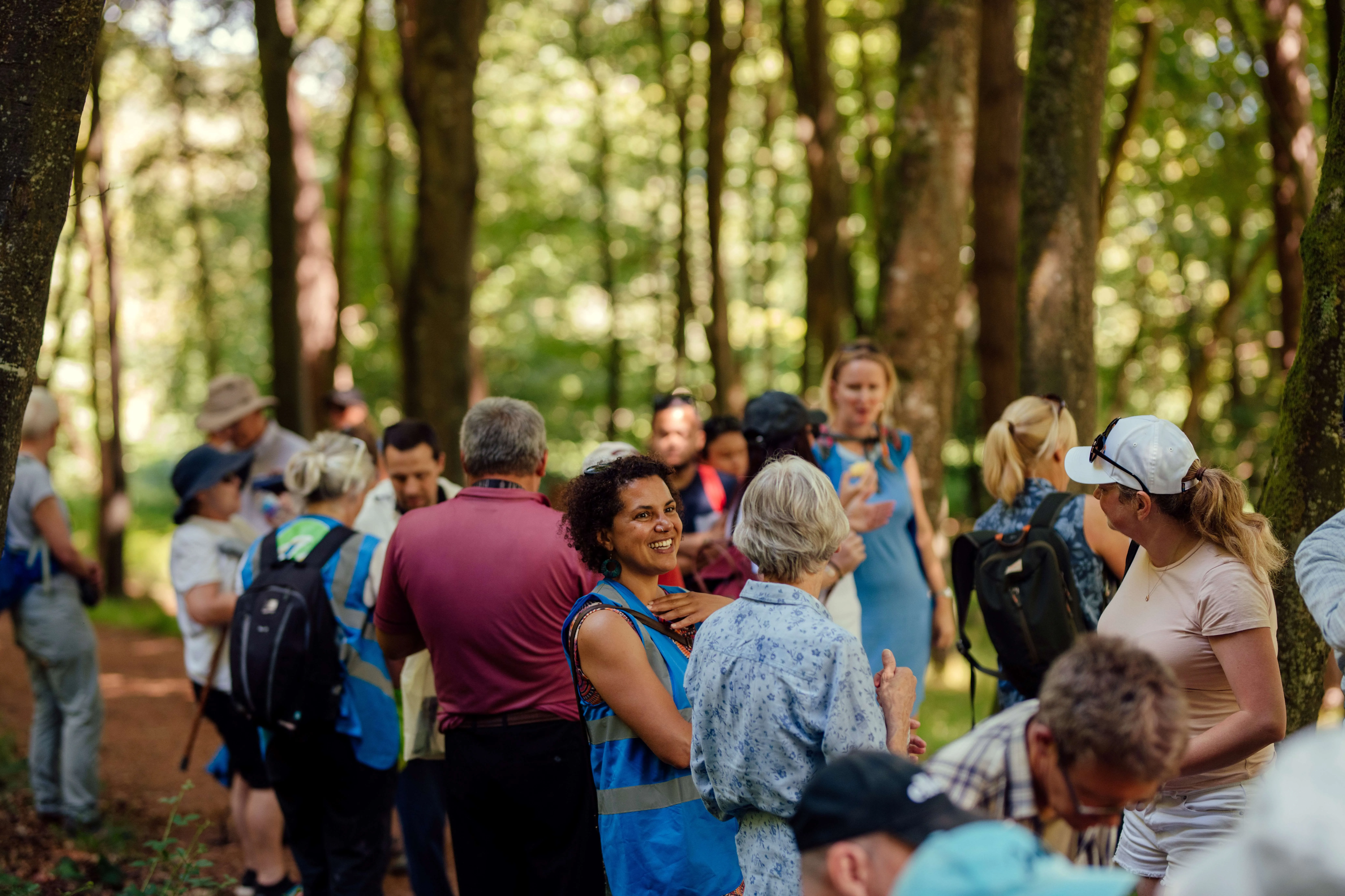 Group of people gathered and chatting in a sunlit forest with tall trees.