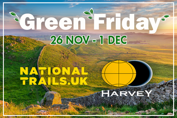 Promotional banner for “Green Friday” showing a scenic view of rolling green hills and a stone wall at sunrise. Text reads: “Green Friday, 26 Nov – 1 Dec” with logos for NationalTrails.uk and Harvey Maps.