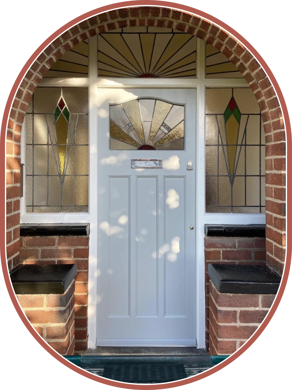 traditional victorian front door with stained glass