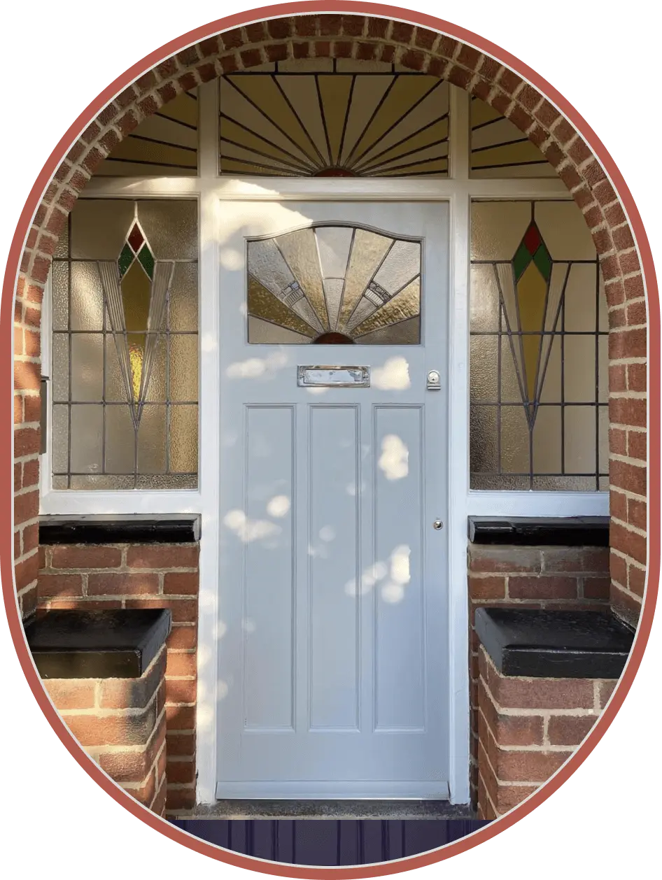 traditional victorian front door with stained glass
